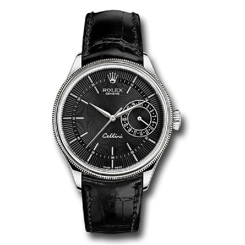 Rolex Cellini Date Watch - White Gold - Black Dial - Black Leather Strap - Style No: 50519 bkbk