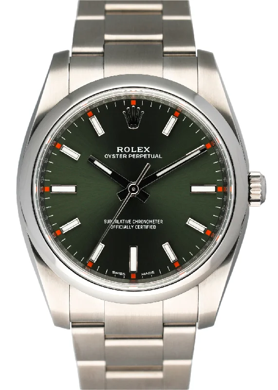 Rolex Oyster Perpetual 114200 Green Dial Mens Watch Box & Papers