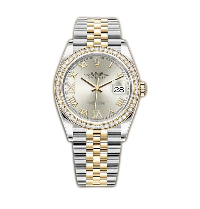 36mm Steel & Yellow Gold Silver Roman Diamond VI & IX Dial & Bezel On Jubilee Bracelet