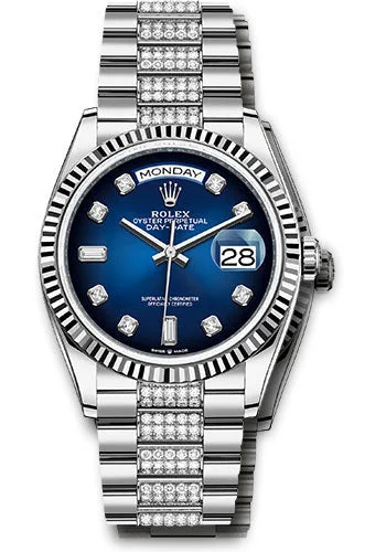 Rolex White Gold Day-Date 36 Watch - Fluted Bezel - Blue OmbrŽ Diamond Dial - Diamond President Bracelet - 128239 bloddp