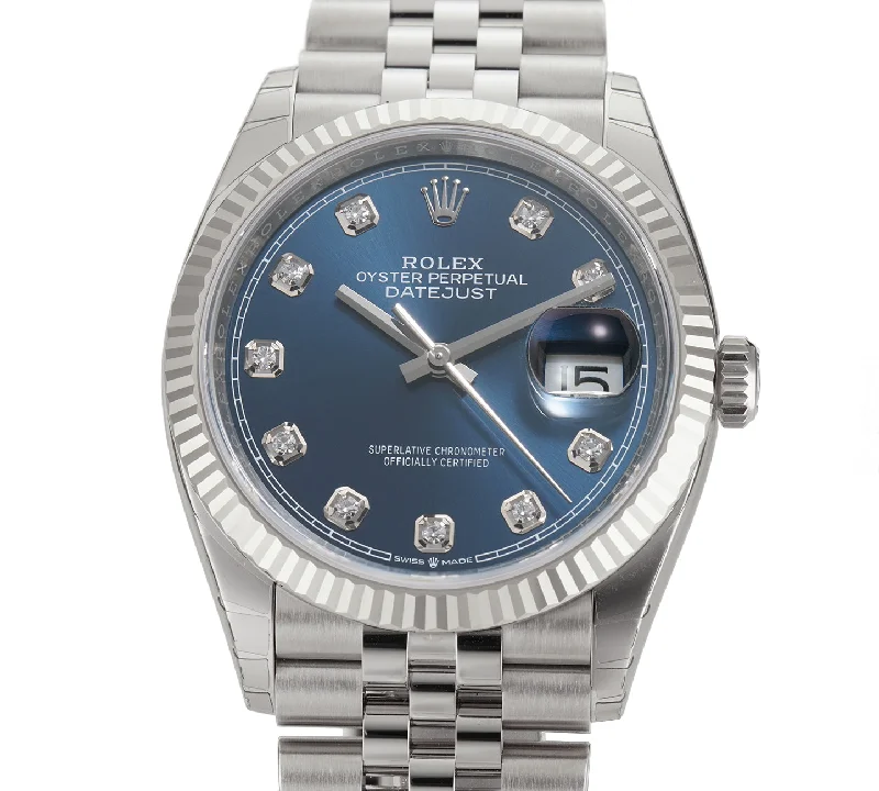 36mm Steel Blue Diamond Dial 18k Fluted Bezel Jubilee Bracelet