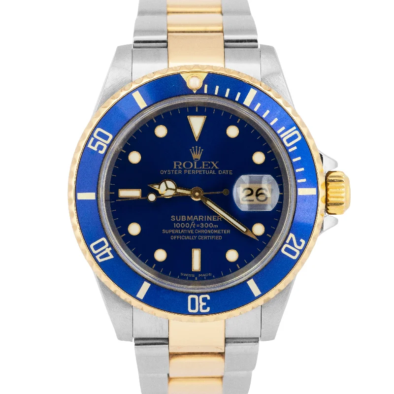 MINT PAPERS Rolex Submariner Date 40mm No-Holes 18K GOLD BUCKLE Blue 16613 BOX