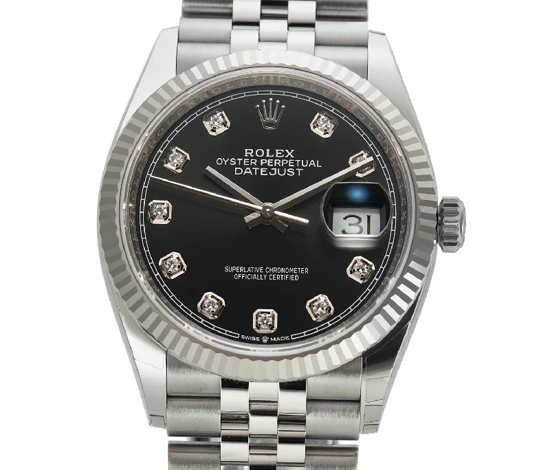 36mm Steel Black Diamond Dial 18k Fluted Bezel Jubilee Bracelet