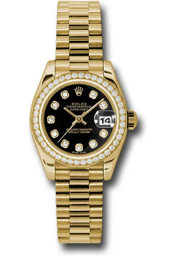 Rolex Yellow Gold Lady-Datejust 26 Watch - 42 Diamond Bezel - Black Diamond Dial - President Bracelet - 179138 bkdp