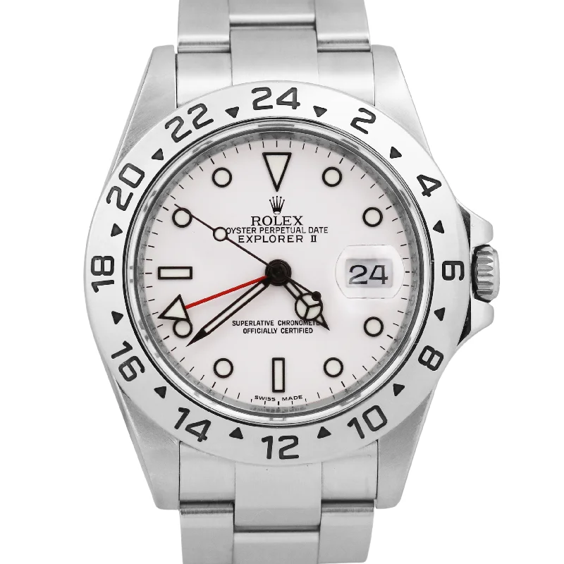 Rolex Explorer II 40mm White REHAUT Stainless NO-HOLES 3186 GMT Watch 16570