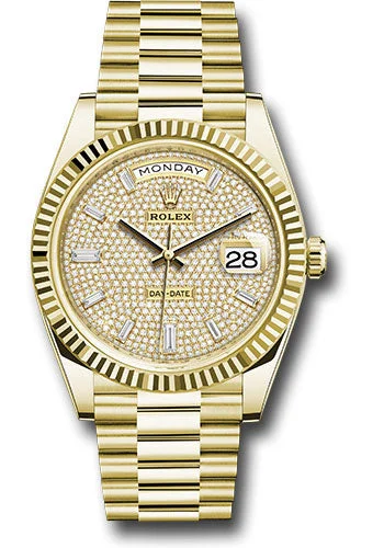 Rolex Yellow Gold Day-Date 40 Watch - Fluted Bezel - Diamond-Paved Dial - President Bracelet - 228238 dpbdp