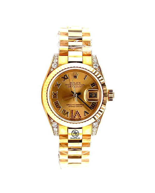 Rolex Lady-Datejust 26mm Yellow Gold Champagne Roman and Factory Ruby Dial 179238 Unworn Box and Papers