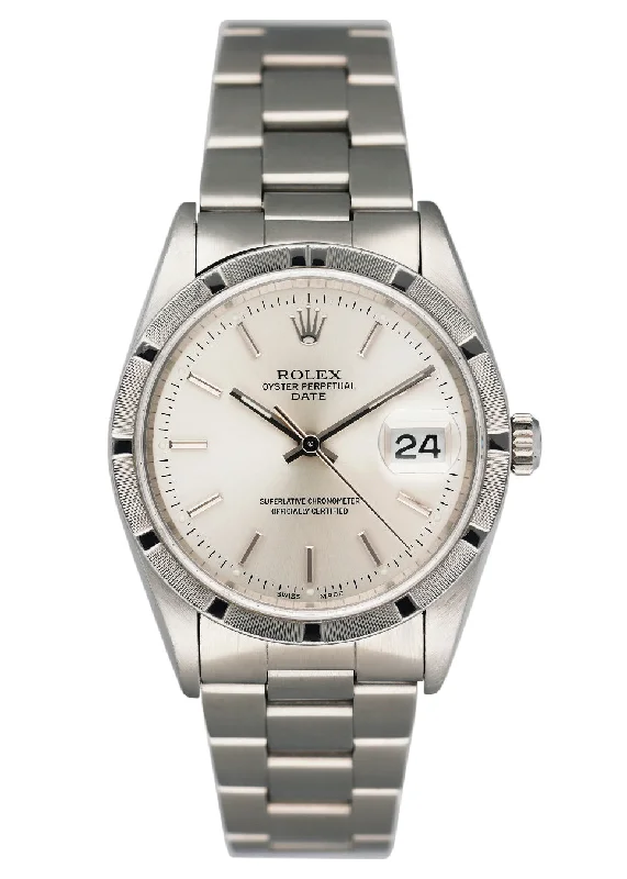 Rolex Oyster Perpetual Date 15210 Silver Dial Mens Watch Box Papers