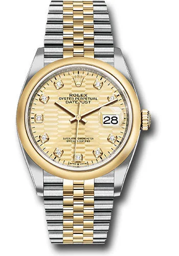 Rolex Yellow Rolesor Datejust 36 Watch - Domed Bezel - Golden Fluted Motif Diamond Dial - Jubilee Bracelet - 126203 gflmdj