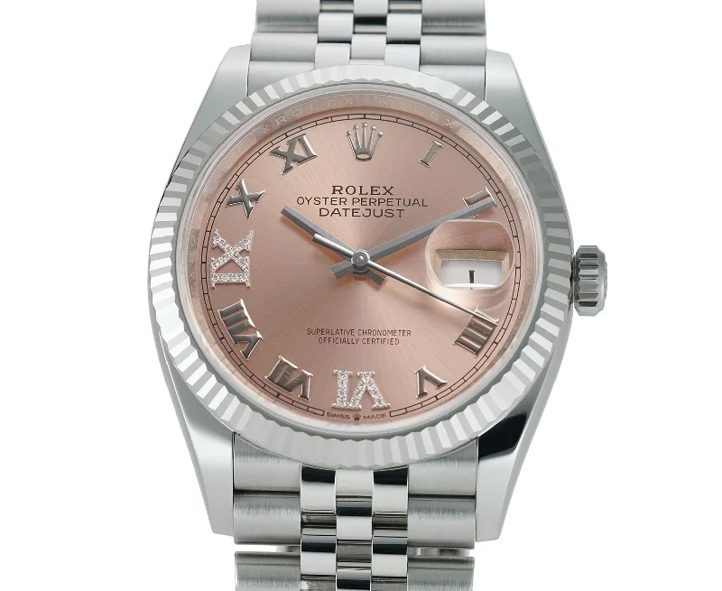 36mm Steel Pink Roman Diamond VI And IX Dial 18k Fluted Bezel Jubilee Bracelet