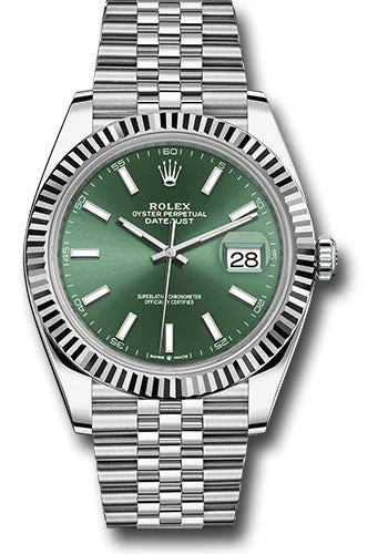 Rolex White Rolesor Datejust 41 Watch - Fluted Bezel - Mint Green Index Dial - Jubilee Bracelet - 126334 mgij