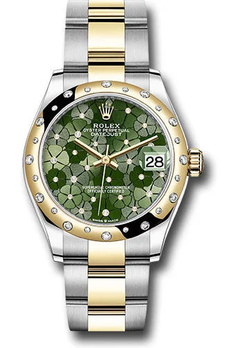 Rolex Yellow Rolesor Datejust 31 Watch - Domed, Diamond Bezel - Olive Green Floral Motif Diamond 6 Dial - Oyster Bracelet 278343rbr ogflomdo