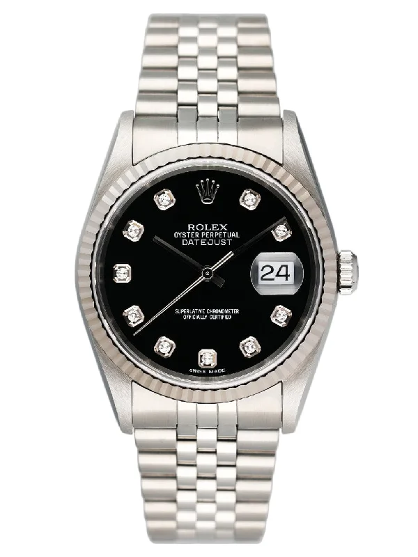 Rolex Datejust 16234 Diamond Black Dial Mens Watch Box Papers