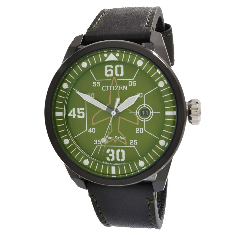 Citizen Men's Watch - Avion Eco-Drive Green Dial Black Leather Strap | AW1735-03X