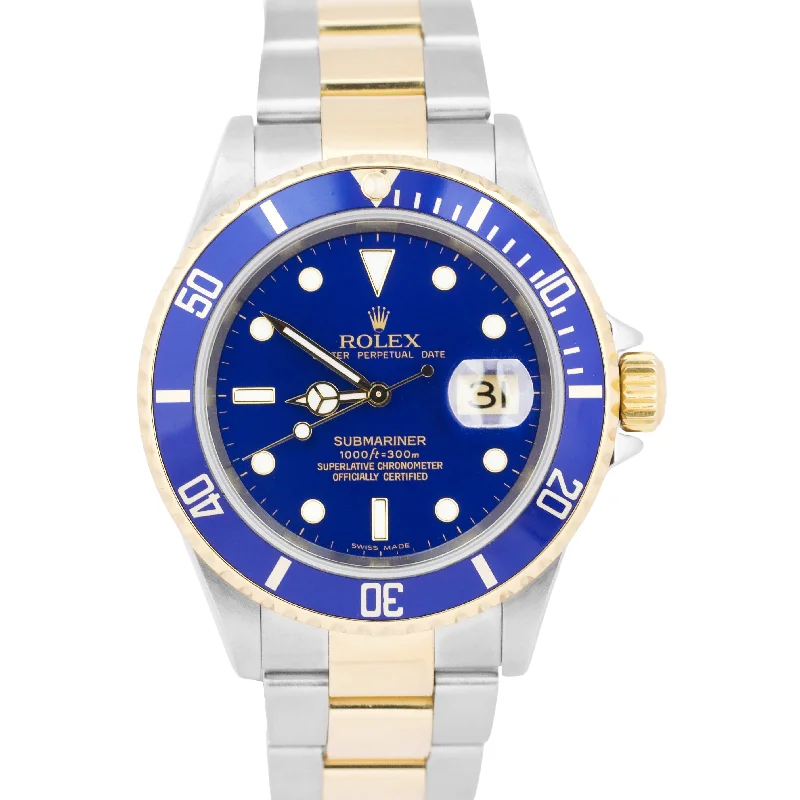 Rolex Submariner Date 40mm BLUE 18K NO-HOLES Steel GOLD BUCKLE 16613 Watch