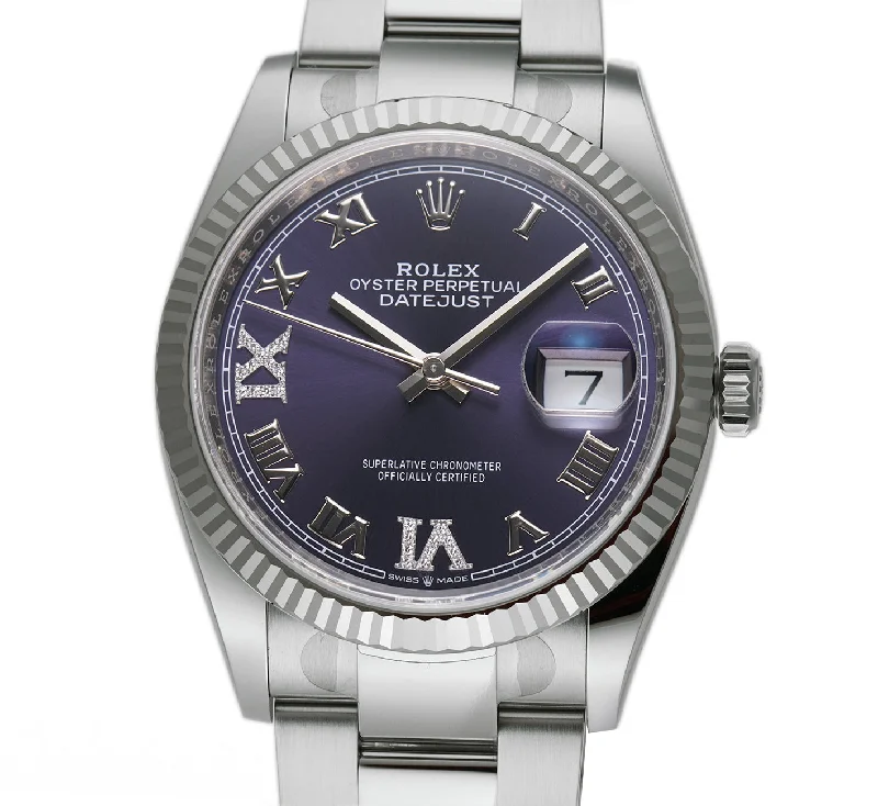 36mm Steel Purple Aubergine Roman Diamond VI And IX Dial 18k Fluted Bezel Oyster Bracelet