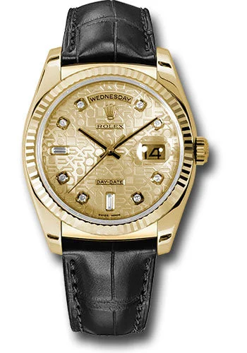 Rolex Rolex Yellow Gold Day-Date 36 Watch - Fluted Bezel - Champagne Jubilee Diamond Dial - Black Leather - 118138 chjdl