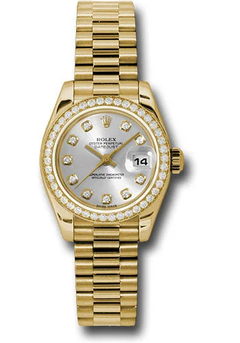 Rolex Yellow Gold Lady-Datejust 26 Watch - 42 Diamond Bezel - Silver Diamond Dial - President Bracelet - 179138 sdp