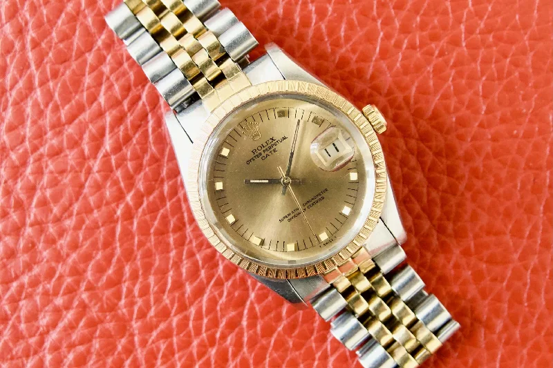 SOLD OUT: Rolex Date Ref. 15053 Two Tone 34mm Jubilee Bracelet Champagne Gold Peg Dial