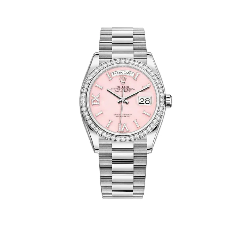 36mm 18k White Gold President Diamond Bezel Pink Opal Diamond Dial