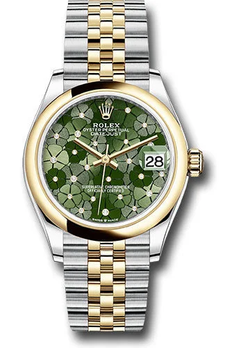 Rolex Yellow Rolesor Datejust 31 Watch - Domed Bezel - Olive Green Floral Motif Diamond 6 Dial - Jubilee Bracelet 278243 ogflomdj