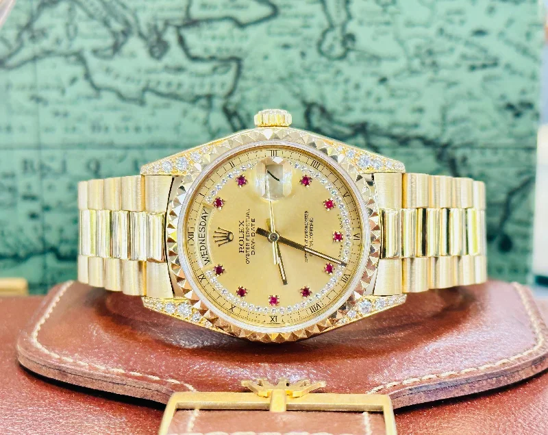 Rolex Day-Date 36 President 36 18018 Pyramid Bezel Factory Diamond Ruby's Dial RARE