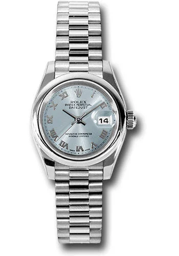 Rolex Platinum Lady-Datejust 26 Watch - Domed Bezel - Glacier Blue Roman Dial - President Bracelet - 179166 gbrp