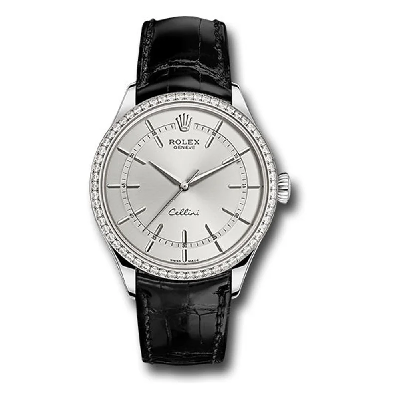 Rolex Cellini Time Watch - White Gold - Rhodium Dial - Black Leather Strap Style No: 50709RBR rhbk