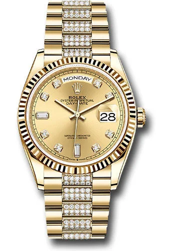 Rolex Yellow Gold Day-Date 36 Watch - Fluted Bezel - Champagne Diamond Dial - Diamond President Bracelet - 128238 chddp