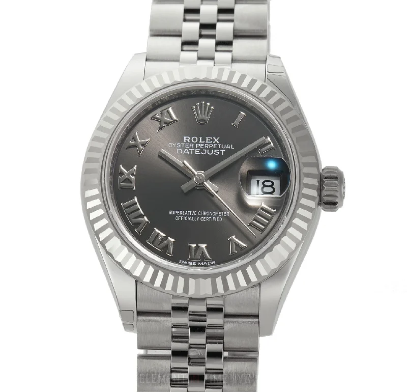 Steel 28mm Dark Grey Roman Dial 18k Fluted Bezel Jubilee Bracelet