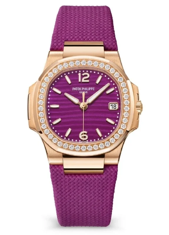 Patek Philippe Nautilus 32mm Diamond Bezel Rose Gold Purple Wave Dial 7010R-013