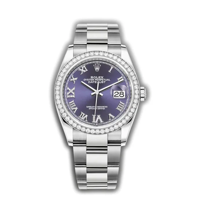 36mm Steel & Diamond Bezel Aubergine Roman Diamond VI & IX Dial Oyster Bracelet