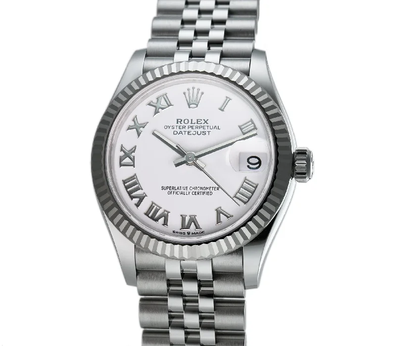 31mm Steel and 18k Fluted Bezel White Roman Dial Jubilee Bracelet