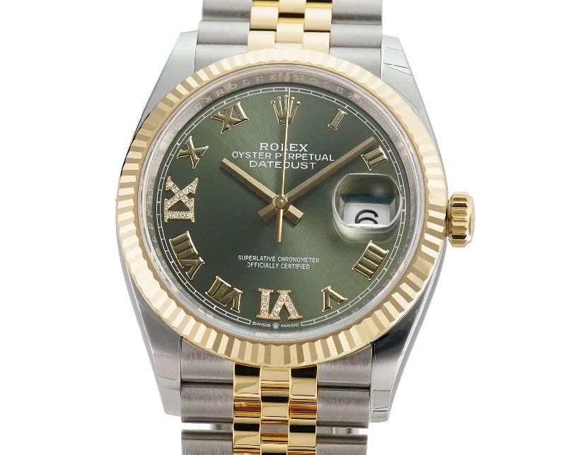 36mm Steel & Yellow Gold Fluted Bezel Olive Green Roman Diamond VI and IX Dial Jubilee Bracelet