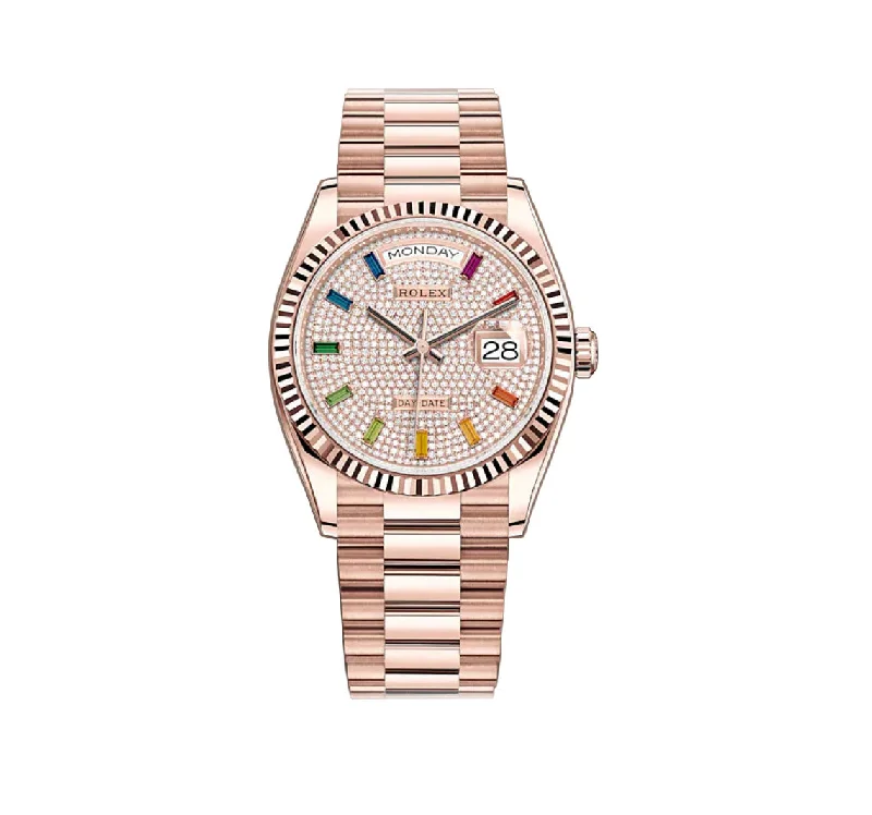 36mm 18k Everose Gold President Diamond Pavé Rainbow Dial