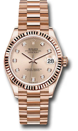 Rolex Everose Gold Datejust 31 Watch - Fluted Bezel - RosŽ Diamond Dial - President Bracelet 278275 rsdp