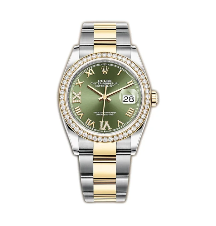 36mm Steel & 18K YG Diamond Bezel Diamond VI & XI Olive Dial