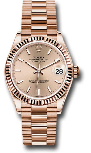 Rolex Everose Gold Datejust 31 Watch - Fluted Bezel - RosŽ Index Dial - President Bracelet 278275 rsip