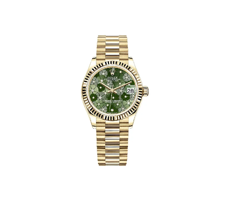 31mm 18k Yellow Gold Olive Green Floral Motif Diamond Dial President Bracelet