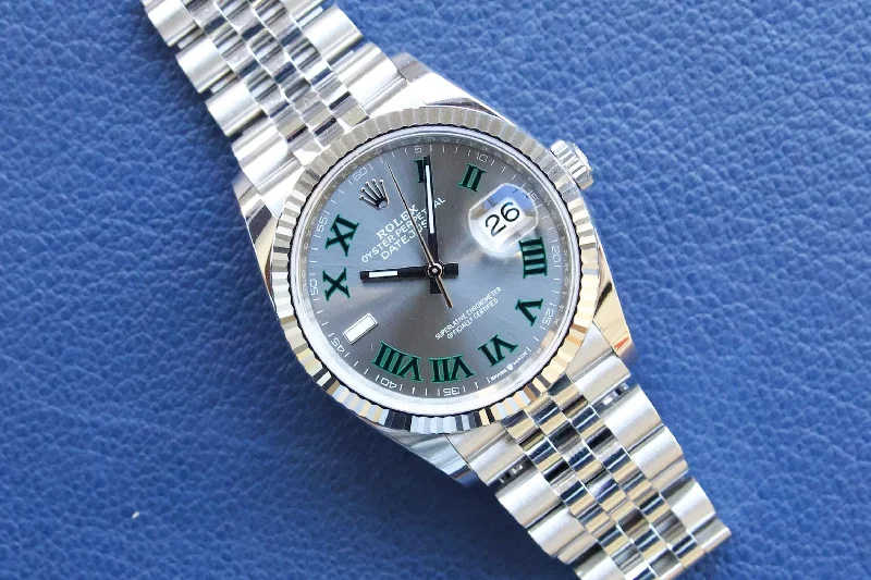 SOLD: ROLEX DATEJUST 36 WIMBLEDON Jubilee 126234 GREEN Rhodium ROMAN Box and Papers 18K Bezel