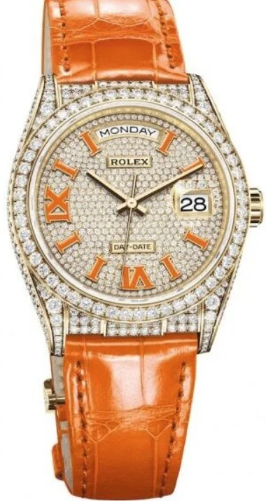 Rolex Day-Date 36 Orange Alligator Strap Pave Dial 128158rbr