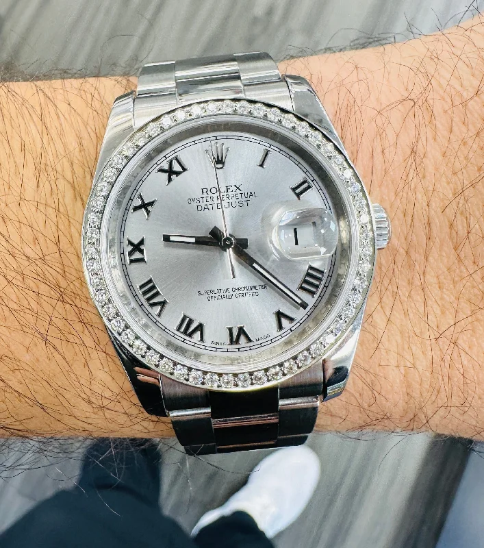 Rolex Datejust 36 116200 Silver Roman Dial with Custom 1.50Ct Diamond Bezel PreOwned