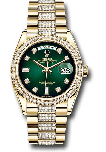 Rolex Yellow Gold Day-Date 36 Watch - Diamond Bezel - Green OmbrŽ Diamond Dial - Diamond President Bracelet - 128348rbr groddp