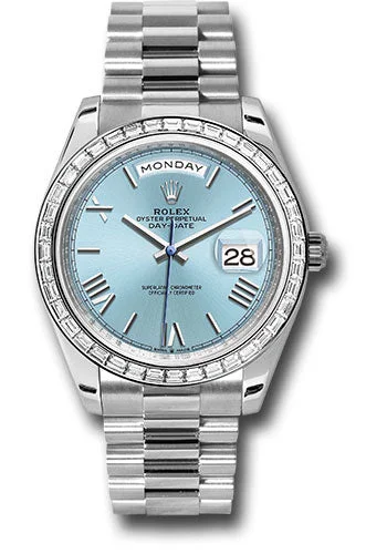 Rolex Platinum Day-Date 40 Watch - Diamond Bezel - Ice Blue Roman Dial - President Bracelet - 228396tbr ibrp