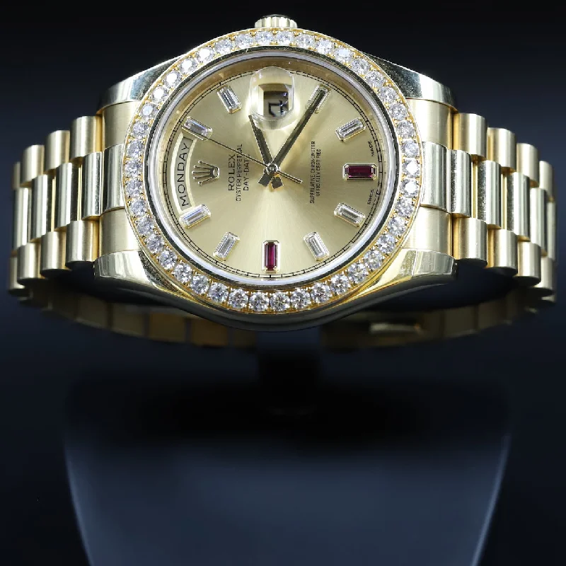 Rolex<br>218348 DayDate II Ruby Dial Diamond Bezel