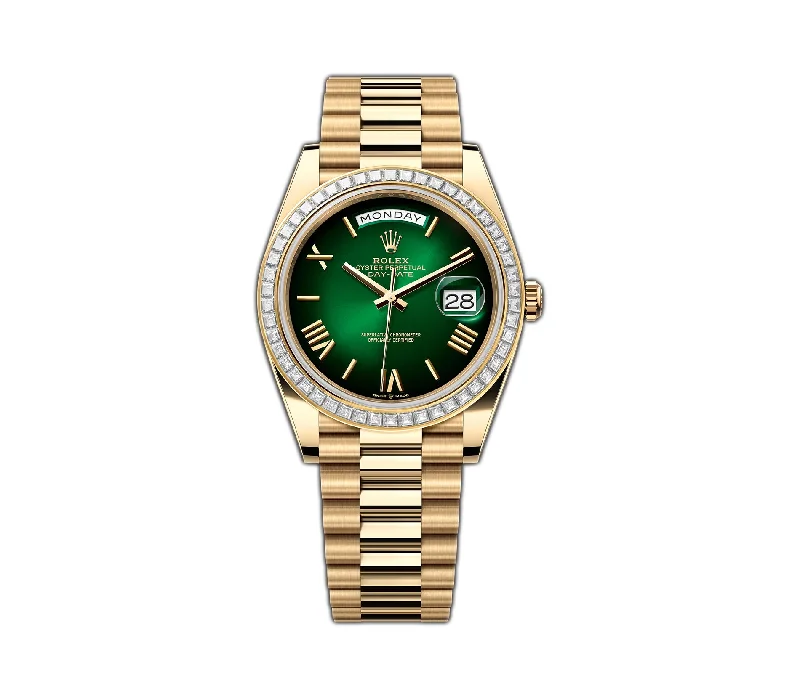 40mm 18k Yellow Gold President Baguette Diamond Bezel Green Roman Ombre