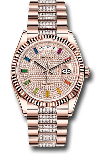 Rolex Everose Gold Day-Date 36 Watch - Fluted Bezel - Diamond-Paved Dial - Diamond President Bracelet - 128235 dprsdp