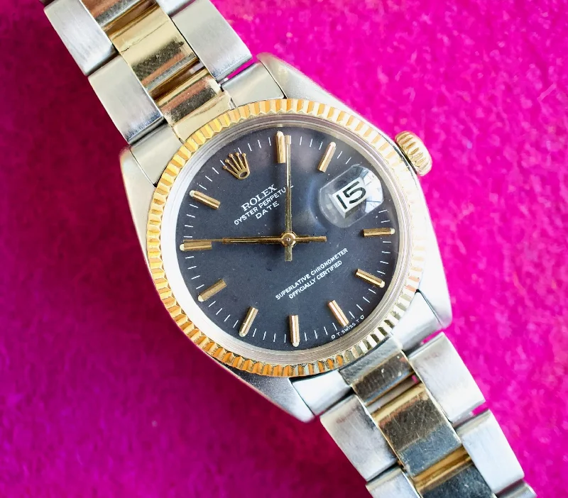 SOLD OUT: Rolex Oyster Perpetual Date 1500 34MM Date Black Two Tone Box Automatic 1970