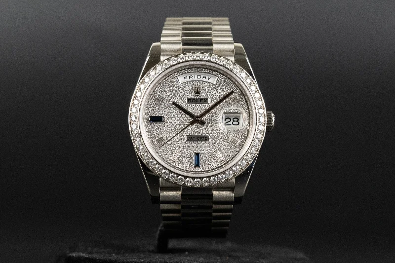 Rolex<br>228349RBR DayDate 40 White Gold Diamond Bezel Pave Sapphire Dial