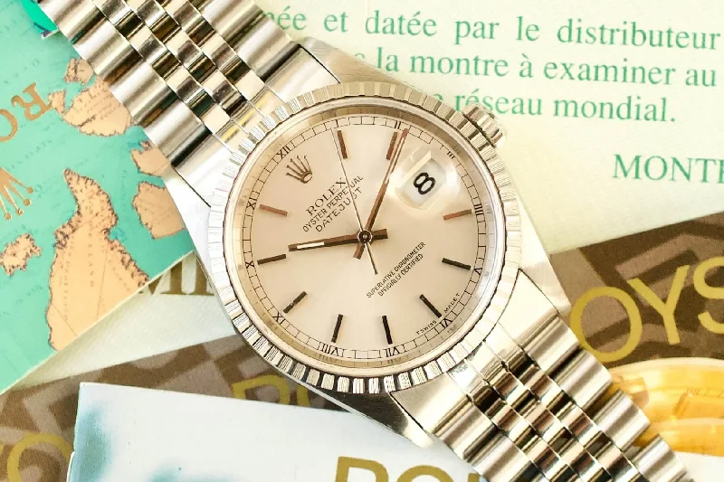 SOLD OUT: Rolex Datejust 16220 36MM Quickset Jubilee Silver Steel Box and Papers 1993 Engine Turned